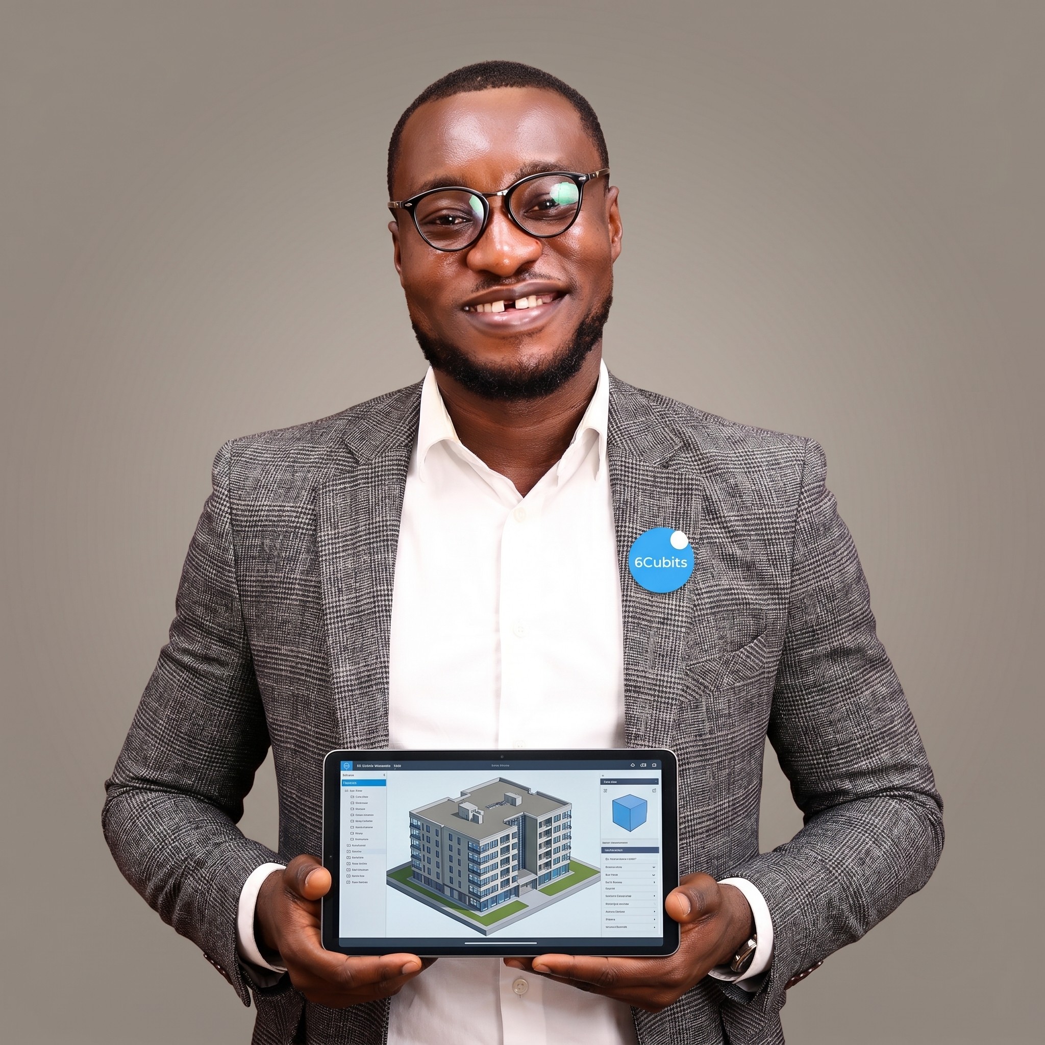 Clifford Benjamin Oppong, founder of 6Cubits, presenting a BIM model on a tablet